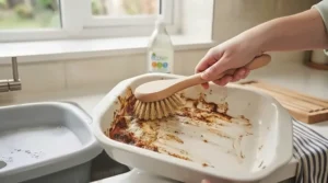 Compact scouring brush for pots and pans scrubbing baked-on residue from the corners of a ceramic oven dish.