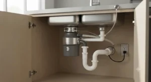 Space-saving waste disposal unit installed securely beneath a kitchen sink, fitting standard UK plumbing configuration.