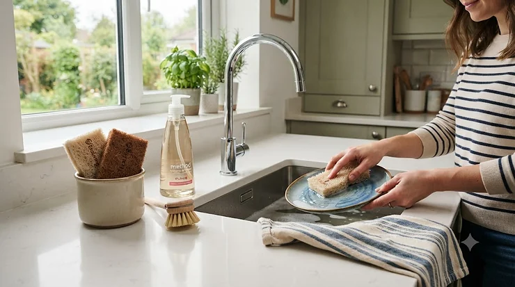 Eco-friendly compostable kitchen sponges resting on a modern British kitchen sink, showcasing sustainable washing-up essentials. compostable kitchen sponges