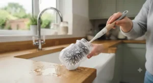 Flexible bottle brush for baby bottles scrubbing the bottom of a wide-neck feeding bottle.