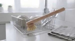 Non-stick pan brush drying upside down on a kitchen draining board alongside everyday washing-up items.