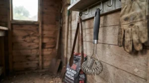 A durable, weather-resistant wire-free BBQ cleaning brush built to withstand unpredictable British weather kept in the garden shed.