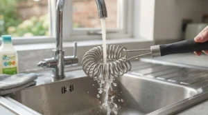 Rinsing down the safe wire-free barbecue cleaning brush with warm soapy water after use for easy maintenance.