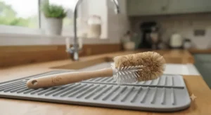 Eco-friendly wooden bottle brush for baby bottles resting beside a steriliser.