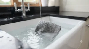 Eco-friendly cleaning cloths used with just water for sustainable worktop maintenance.