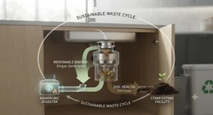Graphic illustrating how using a food waste disposer contributes to sustainable food waste management and green energy conversion.