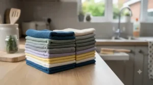 Stack of freshly laundered, eco-friendly microfibre cloths ready for household cleaning.