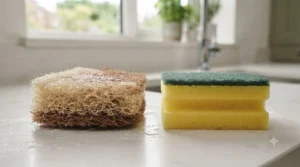 A natural compostable kitchen sponge compared alongside a traditional synthetic plastic sponge.