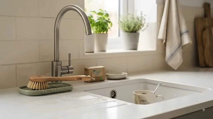 Eco-friendly washing-up brush on a British kitchen sink, featuring a natural wooden handle and plant-based bristles. eco-friendly washing-up brush