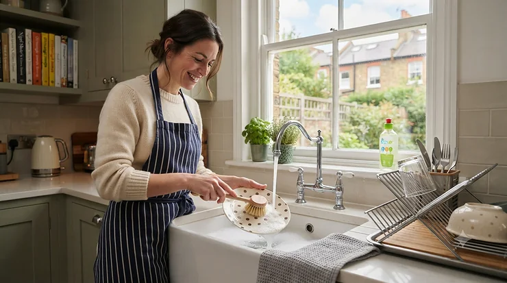 Eco-friendly wooden washing-up brush cleaning a plate in a ceramic kitchen sink. washing-up brush