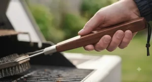 Comfortable, non-slip handle on a long grill brush for BBQ cleaning.