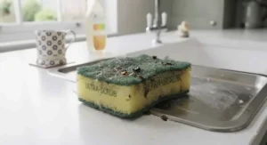Hand holding an ergonomic heavy-duty scourer sponge designed for comfortable scrubbing.