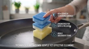 A person using an ergonomic non-scratch sponge to clean a non-stick pan handle with ease.