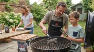 Preparing the family patio gas barbecue with a safe wire-free BBQ cleaning brush ahead of a bank holiday alfresco meal.