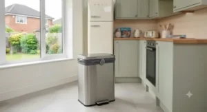A sleek, sparkling clean stainless steel kitchen bin positioned neatly in a modern UK kitchen utility area.