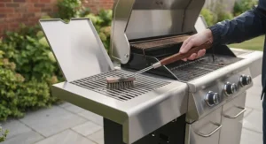 Cleaning a modern gas barbecue using a specialised grill brush for BBQ.