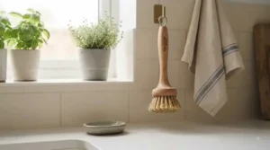 Eco-friendly washing-up brush hanging up to air-dry naturally in a modern, minimalist British kitchen.
