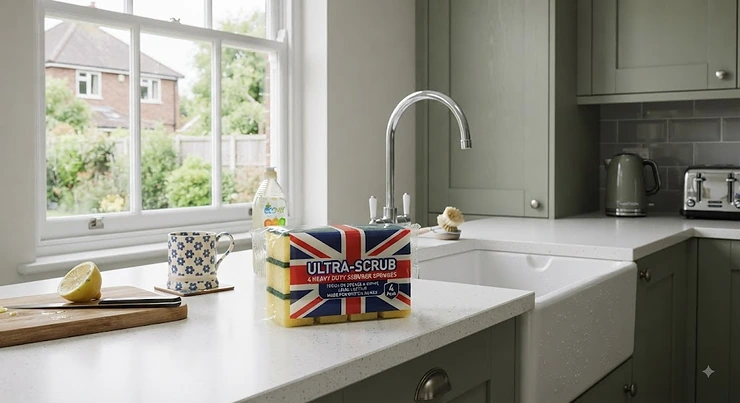 A pack of heavy-duty scourer sponges on a modern British kitchen sink draining board. heavy duty scourer sponges