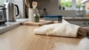 Close-up of a high-absorbency microfibre cloth soaking up a liquid spill on a wooden work surface.