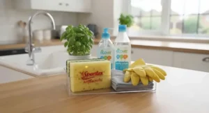 Collection of everyday household cleaning products featuring antibacterial kitchen sponges.