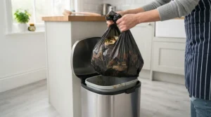 Hands lifting a full, tied-up black refuse sack out of the stainless steel bin.