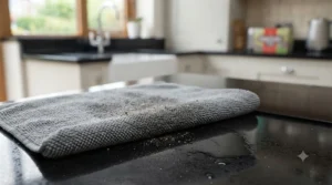 Rinsing a reusable kitchen cleaning cloth under the tap to maintain its streak-free performance.
