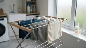 Clean microfibre kitchen cloths hanging up to dry in a bright utility room.