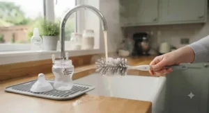 Heat-resistant bottle brush for baby bottles being sanitised near a kitchen tap.