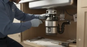 Plumber hands securing the mounting assembly during the installation of a new food waste disposer onto a kitchen sink.