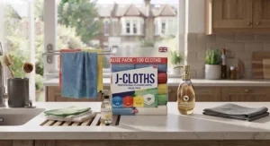 Using a damp J-cloth to clean bathroom tiles and chrome taps sparkling clean.