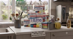 A bundled value pack of J-cloths stored neatly inside a home cleaning caddy under the sink.