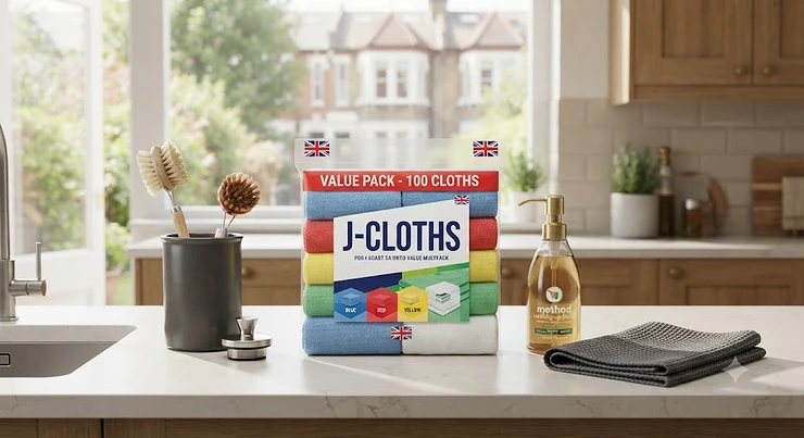 Value multipack of multi-coloured J-cloths neatly stacked on a clean kitchen counter, ideal for bulk cleaning. J-cloths multipack value