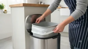 A hand sprinkling bicarbonate of soda deodoriser powder into the dry, clean base of the bin.