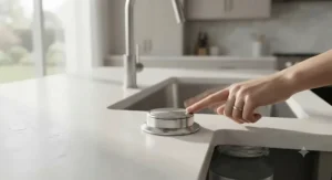 Close-up of a chrome sink-mounted air switch used to safely operate an electric food waste disposer.