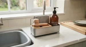 Kitchen sink caddy holding washing-up liquid, a dish cloth, and a scouring brush for pots and pans ready for daily use.