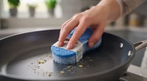 Macro detail shot of a non-scratch sponge effectively lifting food residue from a pan surface.