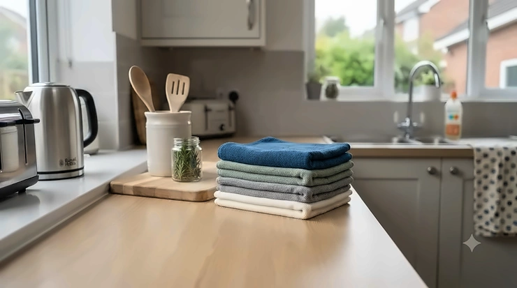 Pack of colourful microfibre kitchen cloths neatly folded on a modern UK kitchen worktop. microfibre kitchen cloths