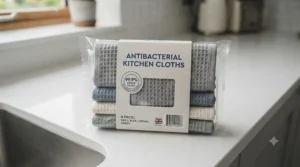 A retail multipack of antibacterial cleaning cloths showing value and quality for UK households.
