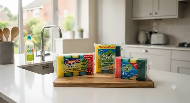 A neat stack of colourful heavy-duty kitchen sponges and scourers on a modern British kitchen worktop, representing great value multipacks for daily household cleaning. multipack kitchen sponges value