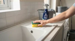 A durable cellulose sponge being used alongside general household cleaning sprays for multi-room chores around the house.