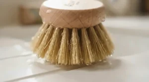 Close-up of natural plant-based bristles on an eco-friendly washing-up brush, designed for sustainable zero-waste washing up.