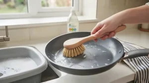 Non-scratch scouring brush for pots and pans safely cleaning a delicate frying pan without damaging the coating.