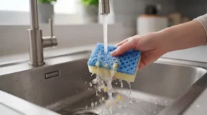 An infographic displaying key features of high-quality non-scratch sponges for non-stick pans.
