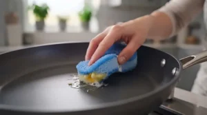 Comparison showing a non-scratch sponge protecting a non-stick pan compared to a harsh scourer.