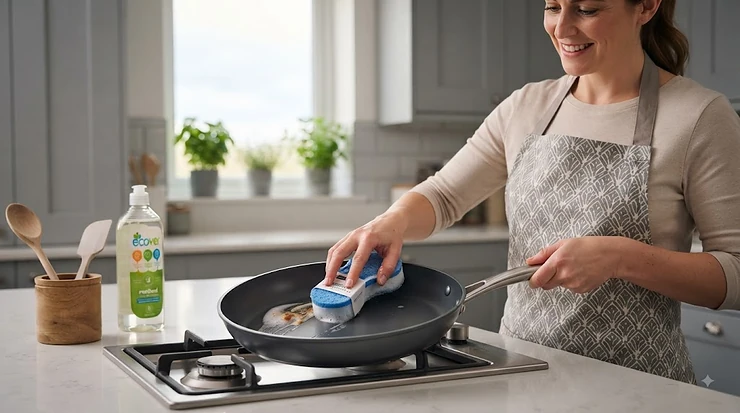 A non-scratch sponge safely cleaning a non-stick frying pan, ensuring no damage to the coating. non-scratch sponges for non-stick pans