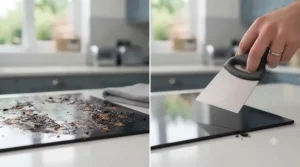 Before and after comparison of a dirty oven door cleaned with a glass scraper.