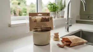 A cardboard box of plastic-free compostable kitchen sponges packaged for zero-waste shopping.