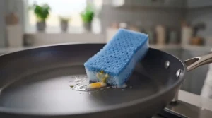 A pristine, scratch-free non-stick pan after being cleaned with a specialist non-scratch sponge.
