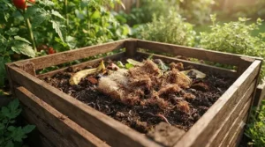 Disposing of an end-of-life compostable kitchen sponge into a backyard garden compost bin.
