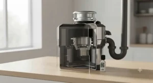 Diagram highlighting sound insulation technology on a quiet food waste disposer designed for open-plan UK living.